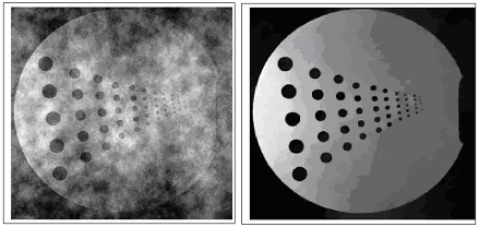 Magnetic Resonance Imaging of a sharp disk, using a traditional method (left) and a new method based on Compressed Sensing and Bregman iteration (right), from work of T. Goldstein.